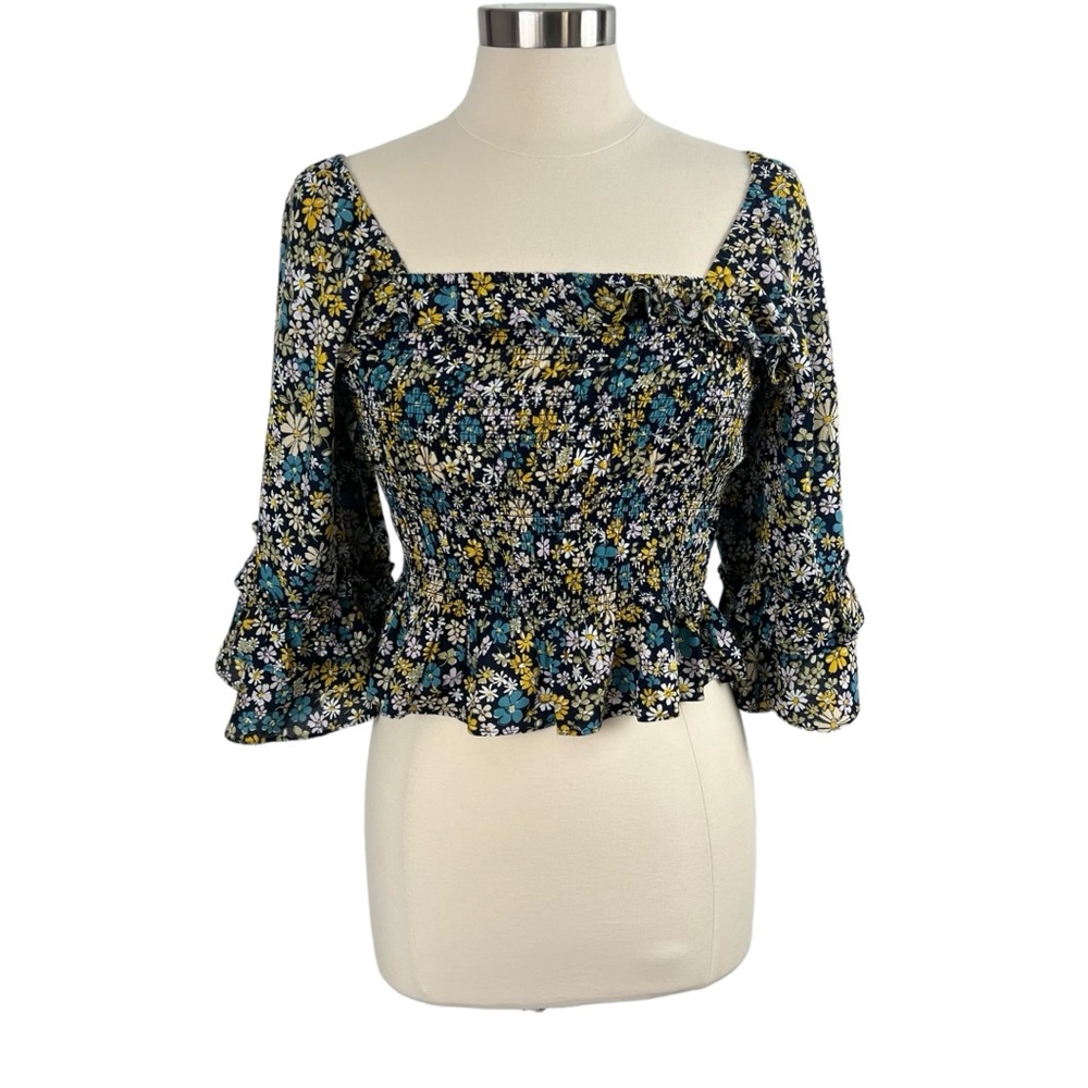 NWT Patrons of Peace Cropped Smocked Peasant Blouse Ruffled 3/4 Sleeve S…